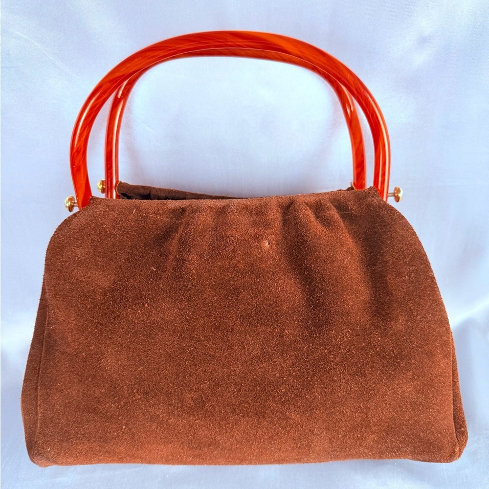 Vintage 1950s Etra Brown Suede Leather Purse Handbag Catalin Frame Cane Handles